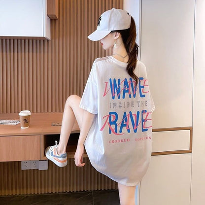 ファッションデザインレースミドル丈半袖Tシャツ<F-3017>