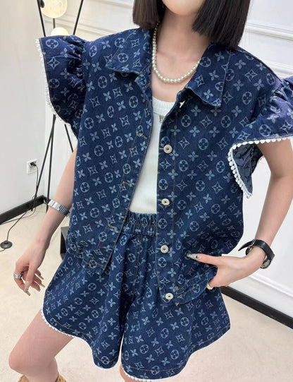 大好評 ファッション 売り切れ必至 2色選択 デニム 半袖 Tシャツ+ 短いスカート セットアップ ＜F-8992＞