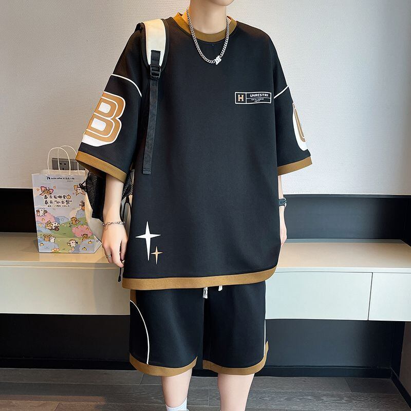 早い者勝ち カジュアル ファッション 切り替え 全3色 半袖ＴシャツⅹパンツセットF-8950