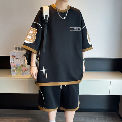 早い者勝ち カジュアル ファッション 切り替え 全3色 半袖ＴシャツⅹパンツセットF-8950