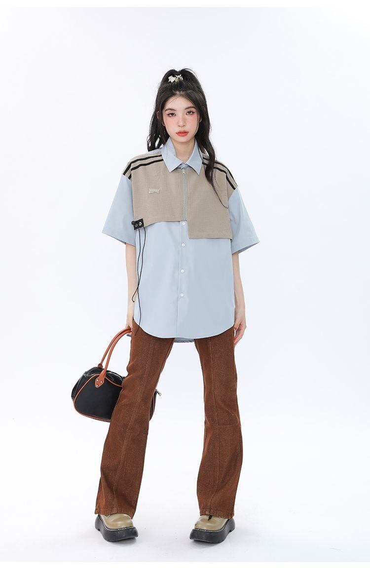 期間限定 ファッション 個性派 レイヤード風 切り替え プリント全3色 男女兼用 半袖TシャツF-9044