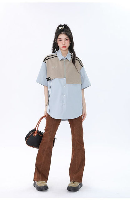 期間限定 ファッション 個性派 レイヤード風 切り替え プリント全3色 男女兼用 半袖TシャツF-9044