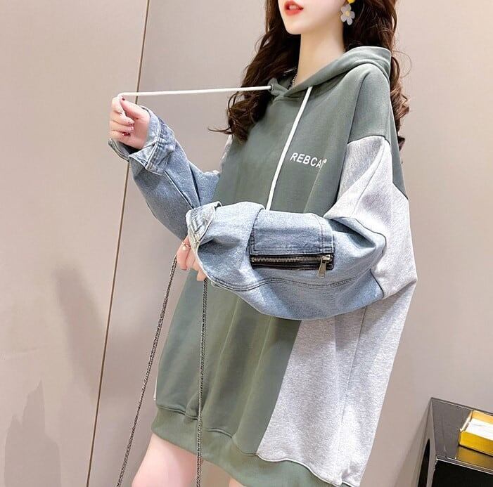 特別デザイン韓国系ゆったり切り替えデニムフード付きスウェット＜F-1592＞