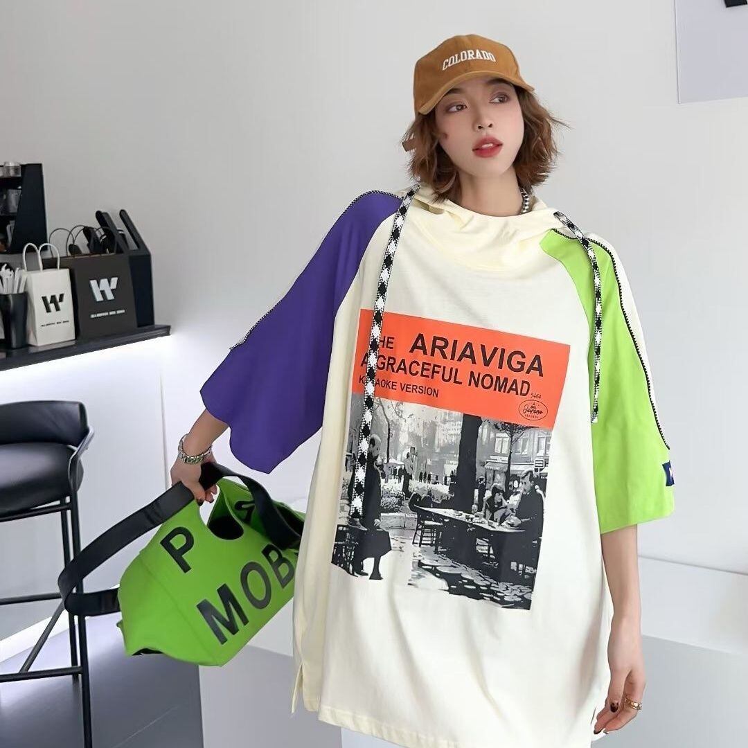 売り切れ必至 プリント カジュアル 切り替え 半袖Tシャツ カットソー＜F-8257＞