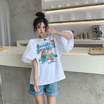 キュート プリント ファッション ゆったり 全4色 半袖 Tシャツ＜F-11521＞