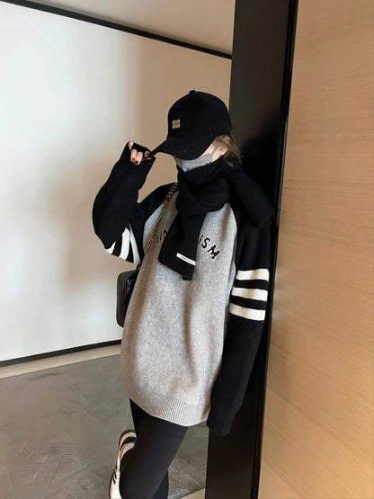 韓国系   英字ロゴ厚手ゆったりニットセーター<F-4703>