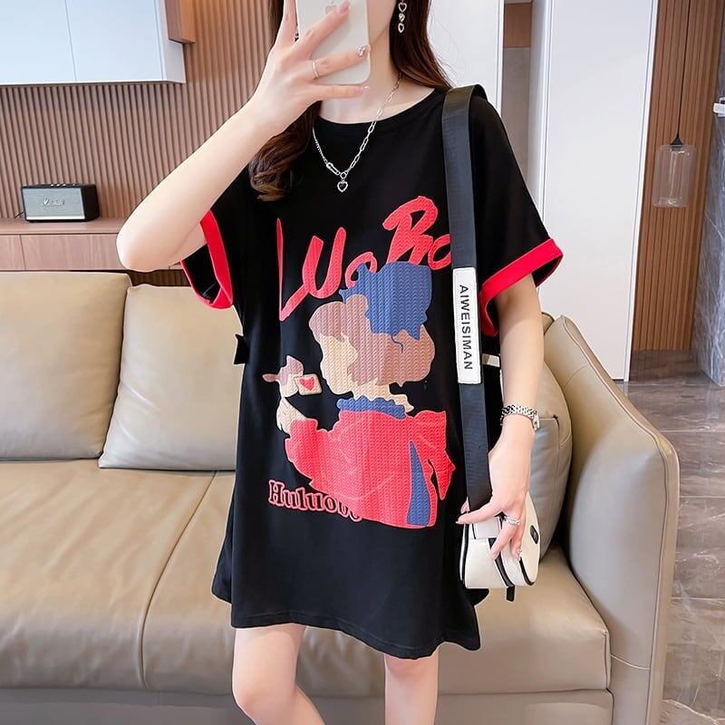 気質とデザインセンスを備えた対照的な色の漫画半袖Tシャツ<F-2990>