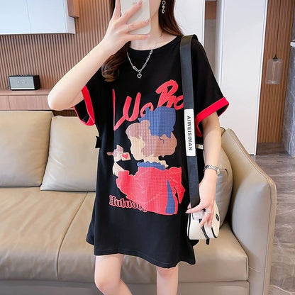 気質とデザインセンスを備えた対照的な色の漫画半袖Tシャツ<F-2990>