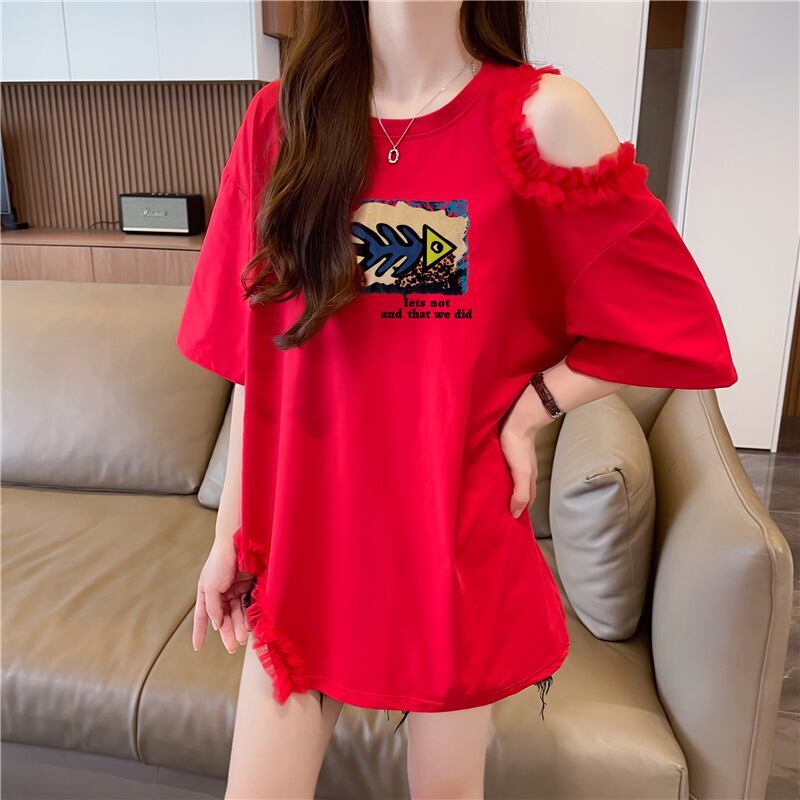 おしゃれ度高め レース 美人度アップ 切り替え プリント全4色 Tシャツ カットソー＜F-9213＞