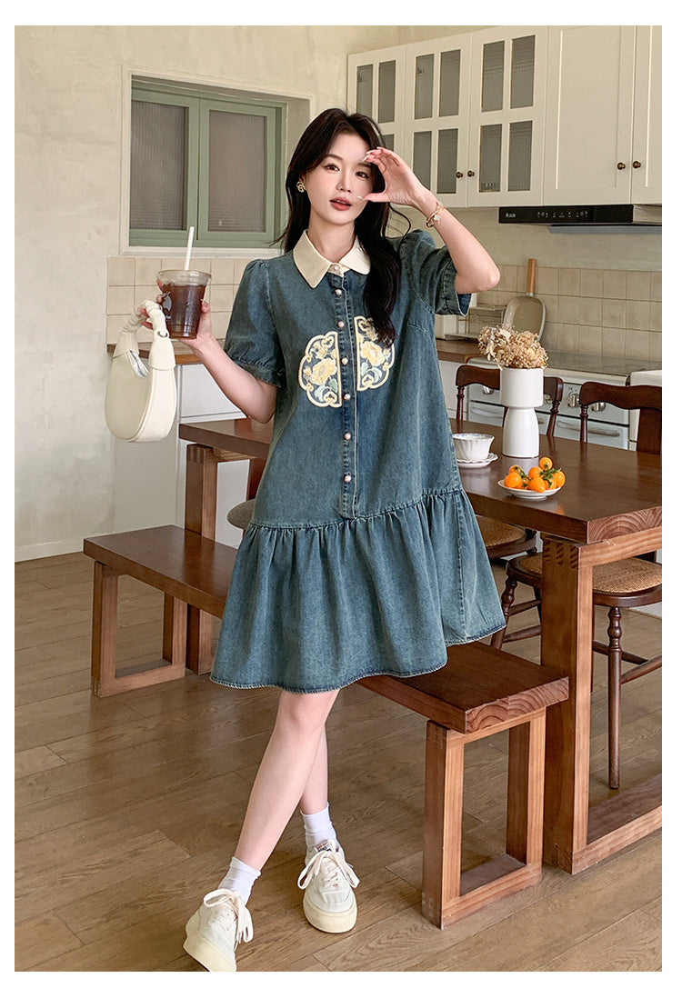 刺繡 カジュアル 体型カバー ワンピース F-7090