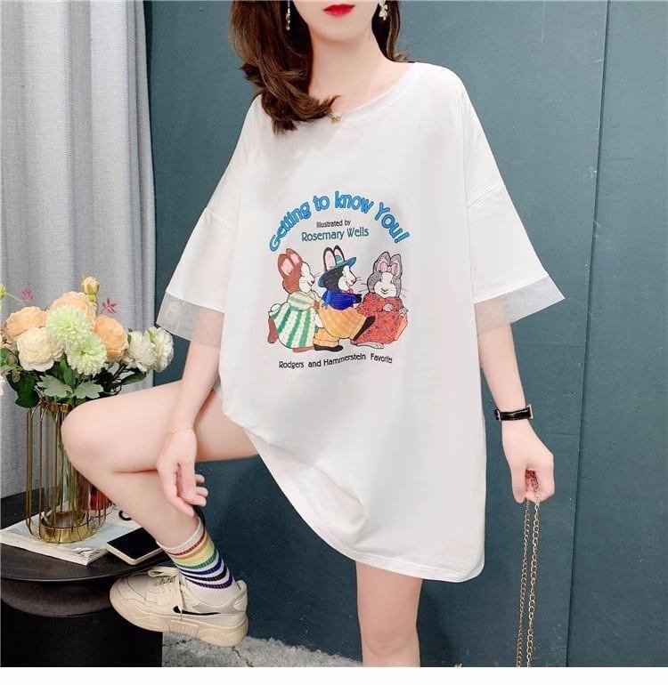 優しい雰囲気   バックオープン ロングTシャツ ゆったり半袖＜F-2939＞