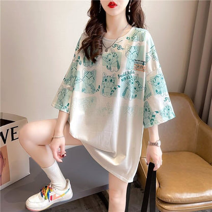 【半額！期間限定！！】大好評 プリント 猫柄 ロング Tシャツ 四色 ゆったりワンピース ＜F-4017＞