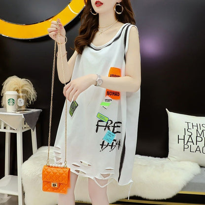 今季マストバイ ダメージ加工 デザイン性抜群 プリント全2色 ノースリーブ Tシャツ カットソー＜F-9141＞
