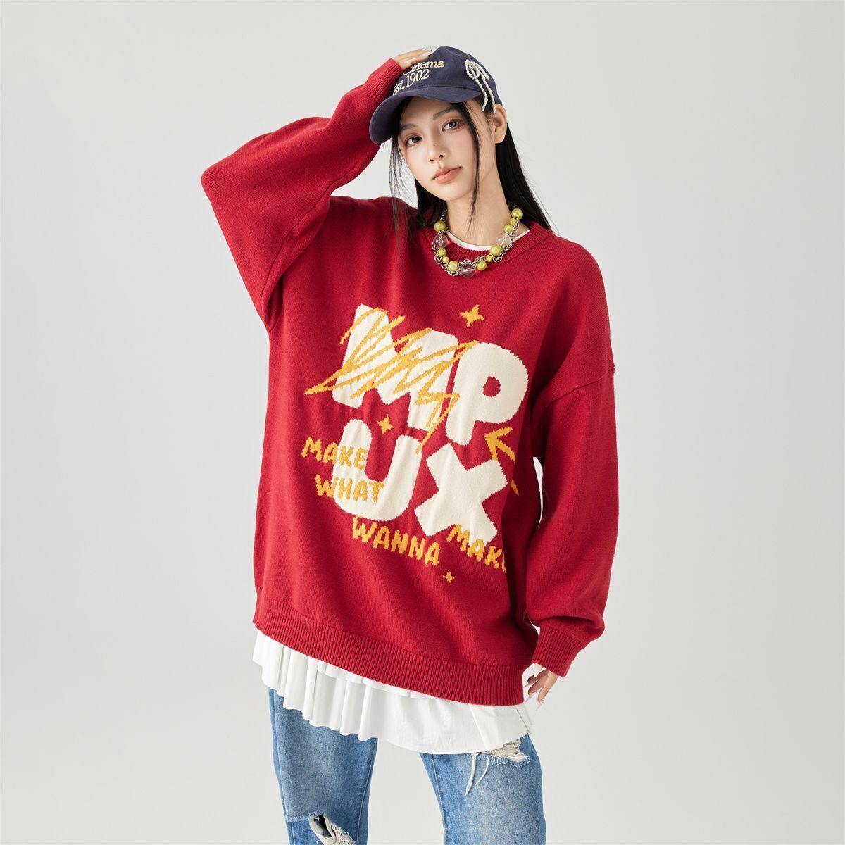 新作 おすすめ ビッグ柄 3色展開 ユニセックス クルーネック ニットセーター F-12612