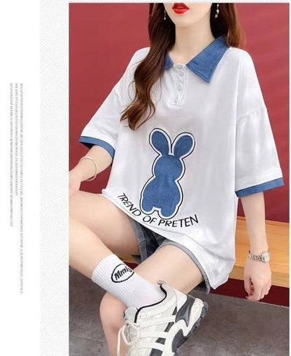 韓国系   POLOネック 三色 ゆったり半袖 ＜F-3056＞