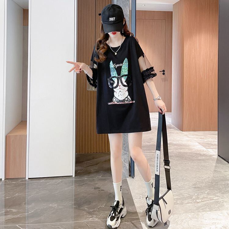 着回し力抜群 チュール 新作 切り替え ピンク プリント スパンコール プリント全3色 半袖Tシャツ カットソー ＜F-8557＞