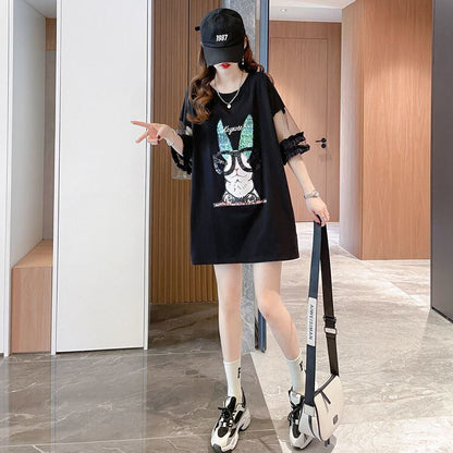 着回し力抜群 チュール 新作 切り替え ピンク プリント スパンコール プリント全3色 半袖Tシャツ カットソー ＜F-8557＞