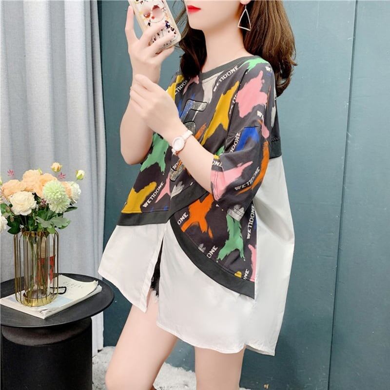 好感度満載 プリント 美感いっぱい 切り替え Tシャツ カットソー＜F-3110＞