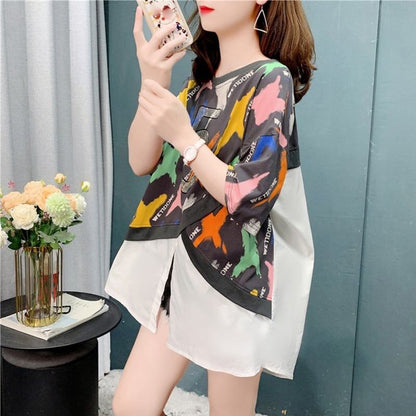 好感度満載 プリント 美感いっぱい 切り替え Tシャツ カットソー＜F-3110＞