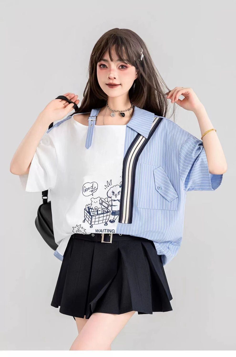 話題沸騰中 キュートストライプ柄 ファッション 切り替え 半袖Tシャツ＜F-8695＞