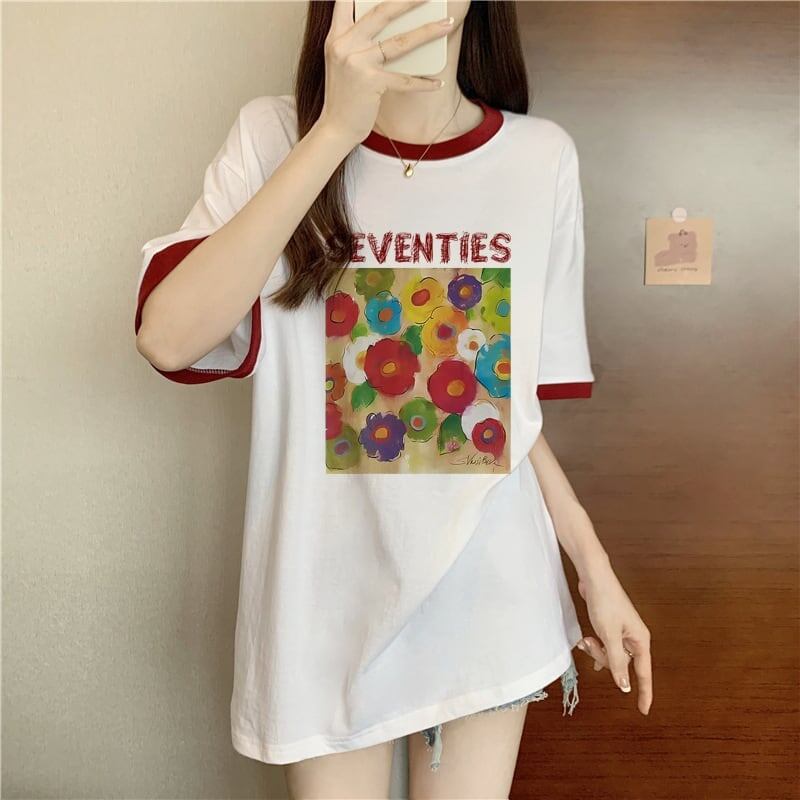 着せ   プリント Tシャツ 四色 ゆったり半袖 ＜F-3019＞