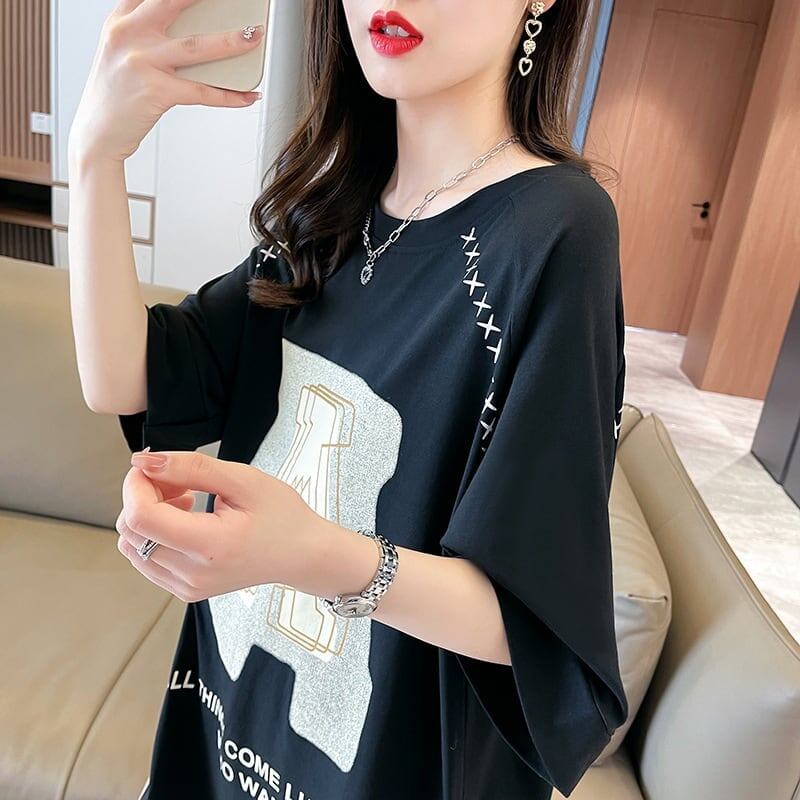 超人気商品 ロング アルファベット プリントTシャツ 三色 ゆったり半袖 ＜F-4019＞