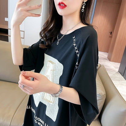 超人気商品 ロング アルファベット プリントTシャツ 三色 ゆったり半袖 ＜F-4019＞
