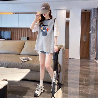 ワッフルフェイクツーピース漫画立体刺繍半袖Tシャツ<F-2871>
