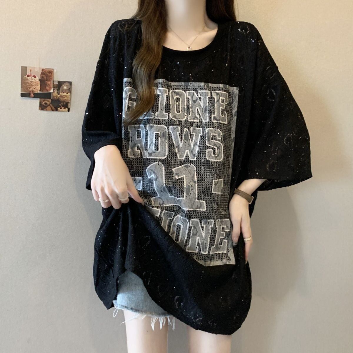 超人気 アバンギャルド 絶対流行 レース プリント全2色 半袖TシャツF-8798