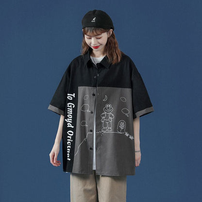 新商品 特別デザイン 大活躍 切り替え プリント 2色選択 半袖シャツ＜F-9045＞