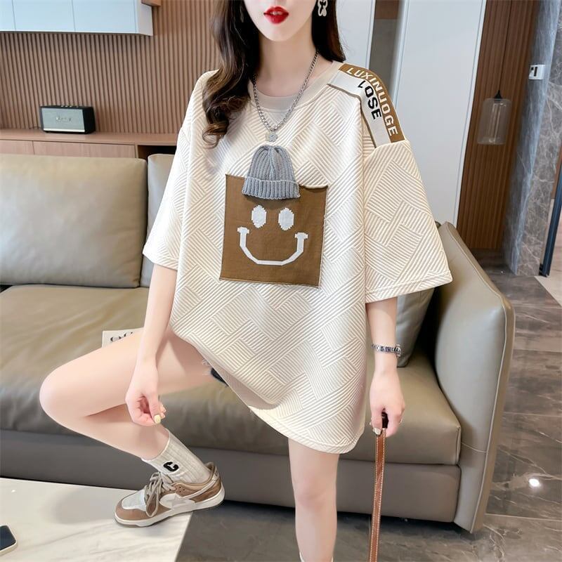 エレガントな立体ジャガードルーズウールパッチステッチ半袖Tシャツ<F-2901>