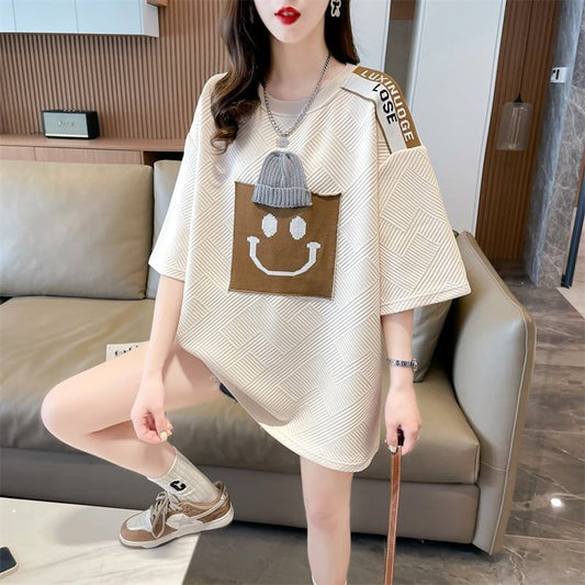 エレガントな立体ジャガードルーズウールパッチステッチ半袖Tシャツ<F-2901>