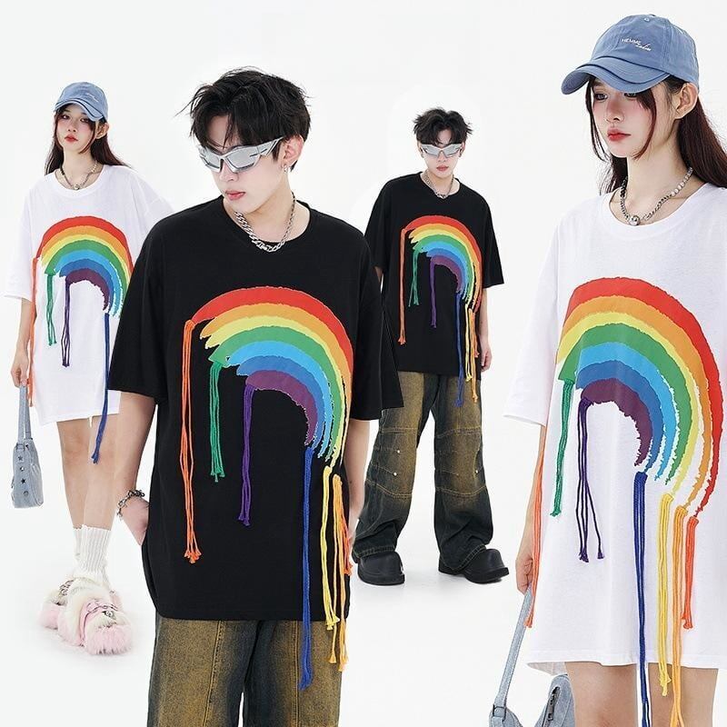 好感度UP 虹ロゴ タッセル ゆったり Tシャツ 全2色 ユニセックス半袖F-4863