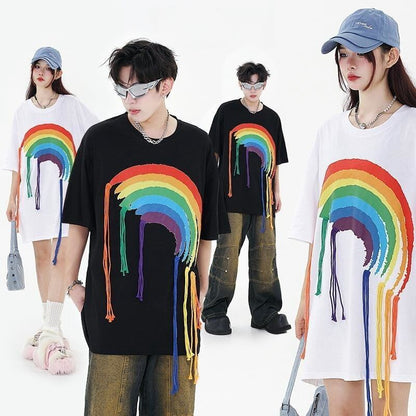 好感度UP 虹ロゴ タッセル ゆったり Tシャツ 全2色 ユニセックス半袖F-4863