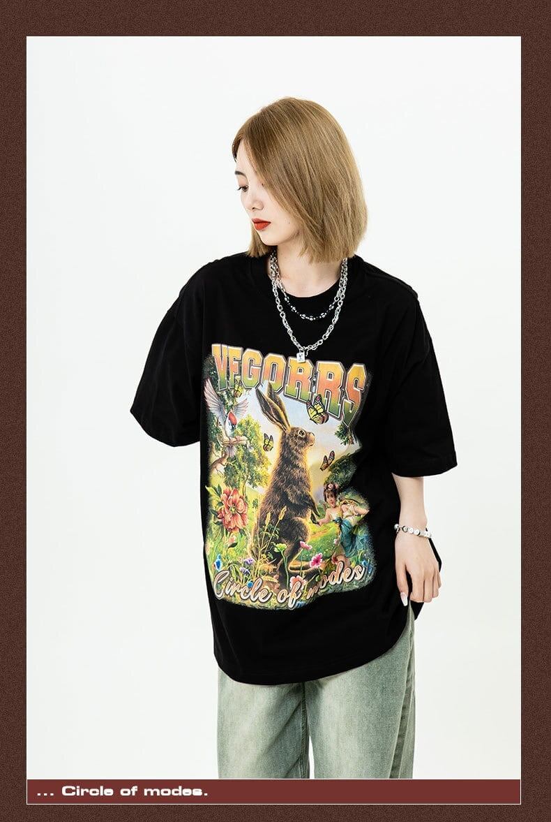 アメリカンレトロ絵画ウサギ半袖Tシャツカップル男女同スタイル<F-2910>