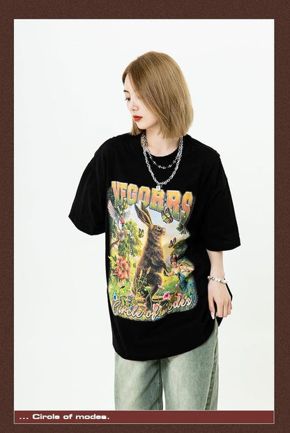 アメリカンレトロ絵画ウサギ半袖Tシャツカップル男女同スタイル<F-2910>