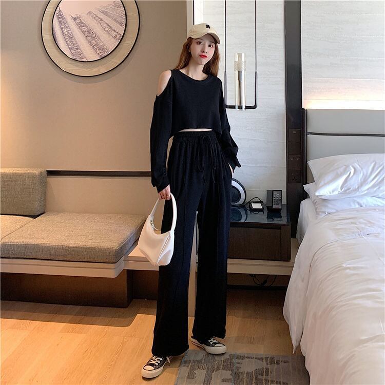 韓国風ファッション カジュアル ?感?佳 全2色 長袖Tシャツ＆ハイウエストワイドレッグパンツのセットアップF-9103