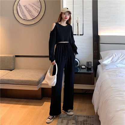 韓国風ファッション カジュアル ?感?佳 全2色 長袖Tシャツ＆ハイウエストワイドレッグパンツのセットアップF-9103