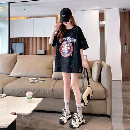ハイエンドデザインセンスレース中空ルーズミドル丈半袖Tシャツ<F-3035>