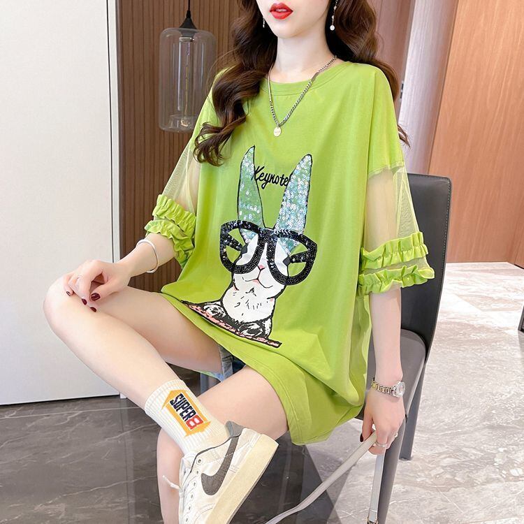 着回し力抜群 チュール 新作 切り替え ピンク プリント スパンコール プリント全3色 半袖Tシャツ カットソー ＜F-8557＞