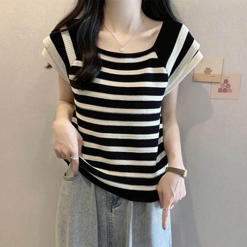 今季マストバイ ファッション カジュアル エレガント ストライプ柄 Tシャツ<F-8339>
