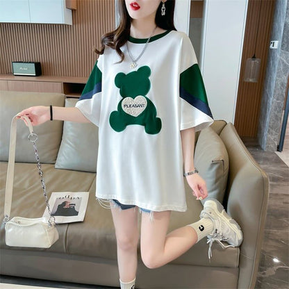 カジュアルルーズワッペン刺繍ステッチカラーブロック半袖Tシャツ<F-2870>