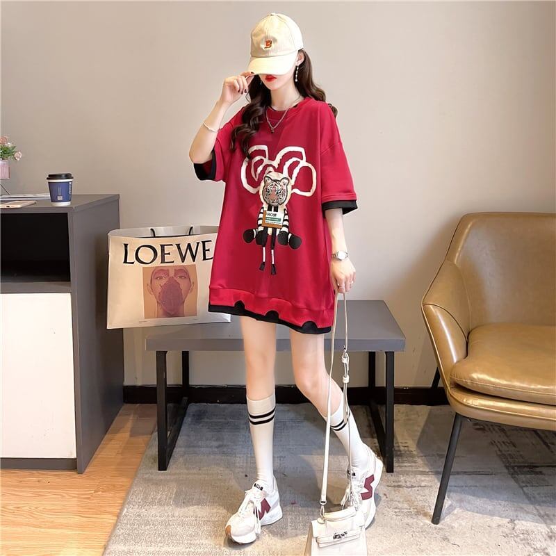 気質ルーズ漫画プリントミッドレングス半袖Tシャツ<F-3026>