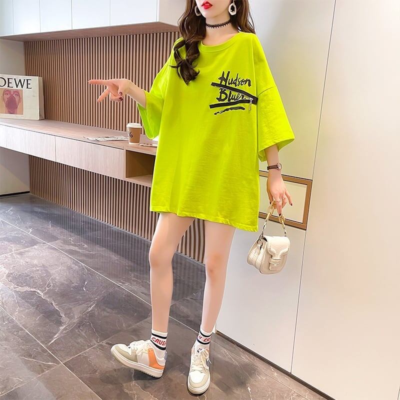 デザイン個性ゆったりミドル丈半袖TシャツF-3036