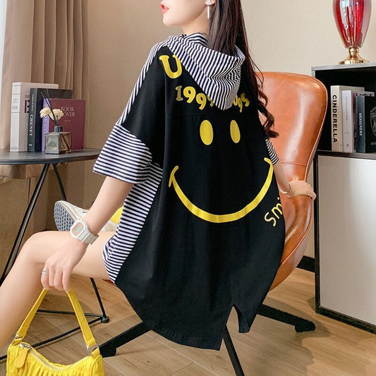 スタイルアップ効果抜群 ストライプ柄 アバンギャルド 切り替え レース プリント全2色 半袖TシャツF-9111