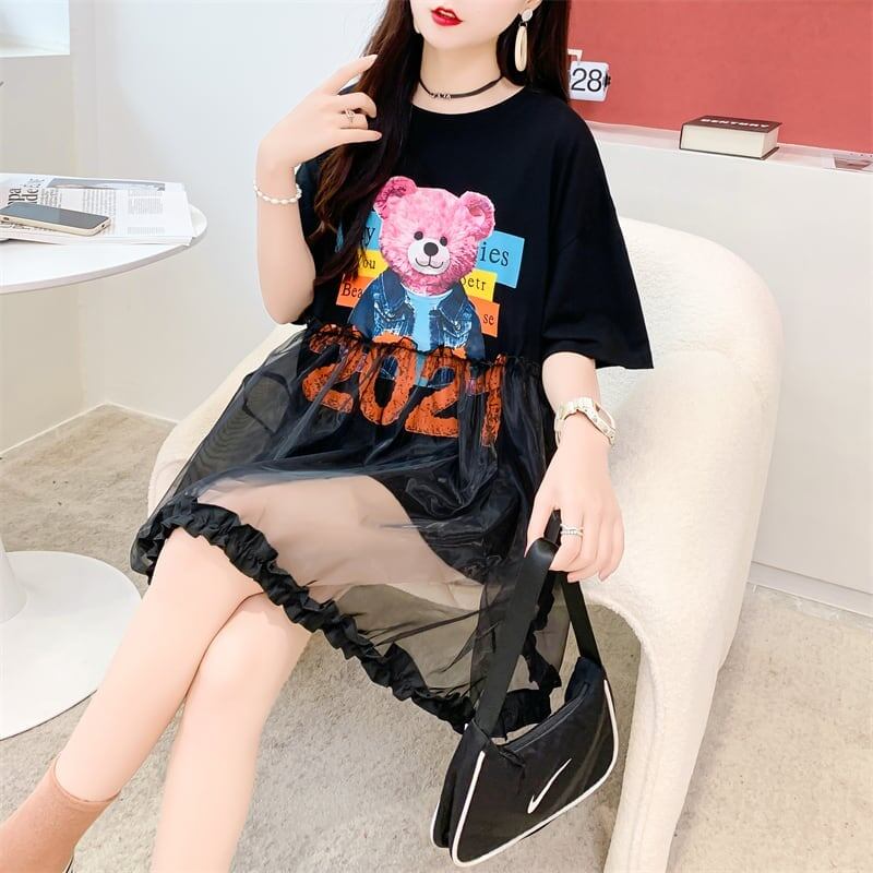 デザインセンスレースステッチフェイクツーピース半袖Tシャツワンピース<F-2964>