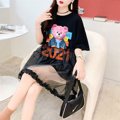 デザインセンスレースステッチフェイクツーピース半袖Tシャツワンピース<F-2964>
