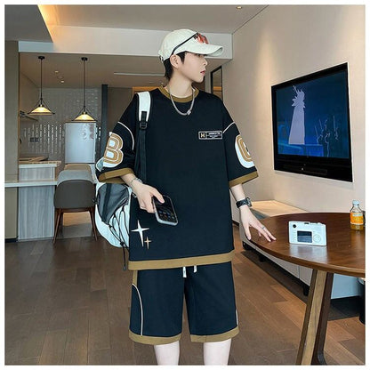 早い者勝ち カジュアル ファッション 切り替え 全3色 半袖ＴシャツⅹパンツセットF-8950