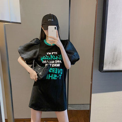 話題沸騰中 パフスリーブ ファッション プリント 全2色 半袖 Tシャツ <F-8662>