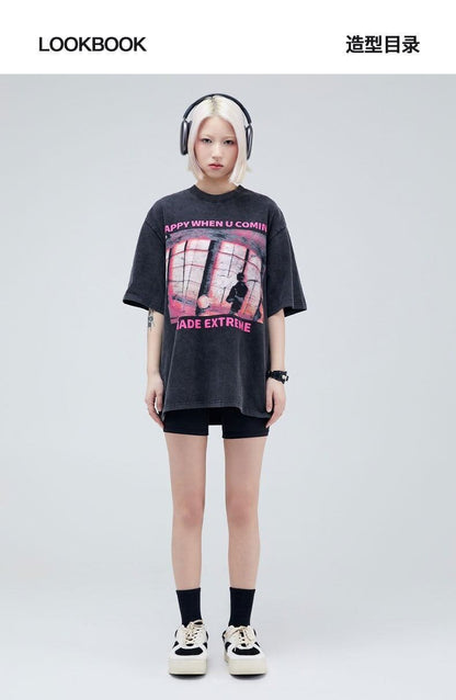 タイドブランド   ロックアメリカンストリートレタープリント半袖Tシャツ<F-2903>